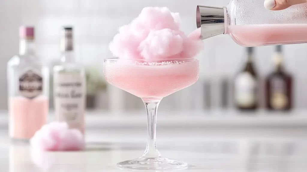 pouring pink liquid into a cotton candy margarita