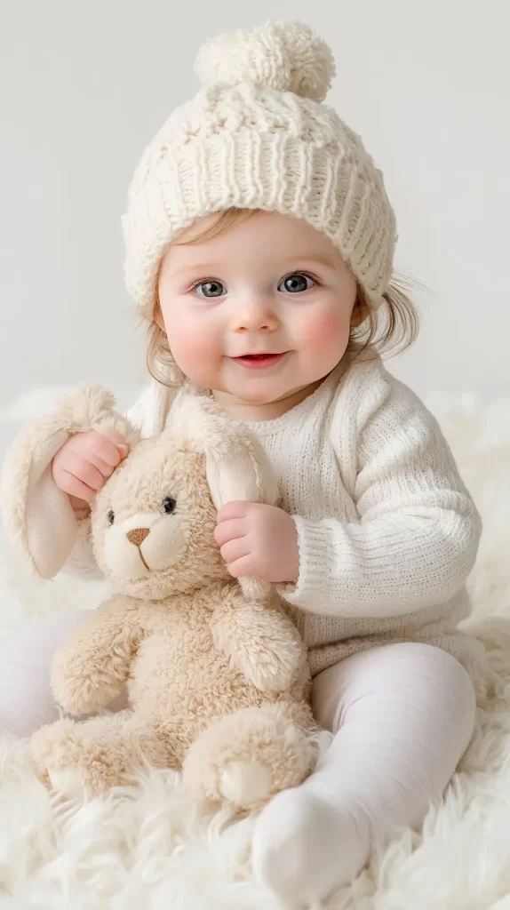 baby girl sitting up with stuffed bunny