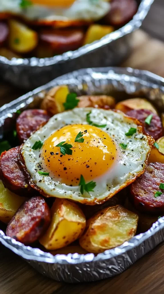 camping meal ideas, potato, meat, egg