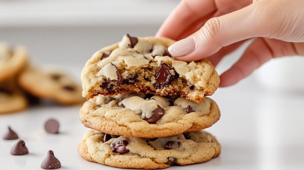 three cookies stacked and a hand grabbing at one