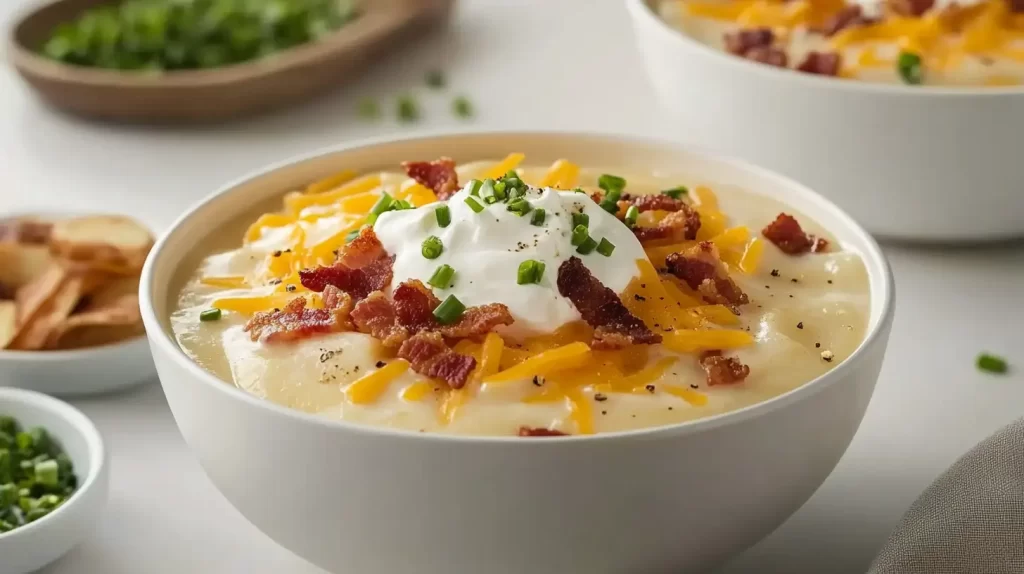 loaded potato soup with cheese bacon and sour cream