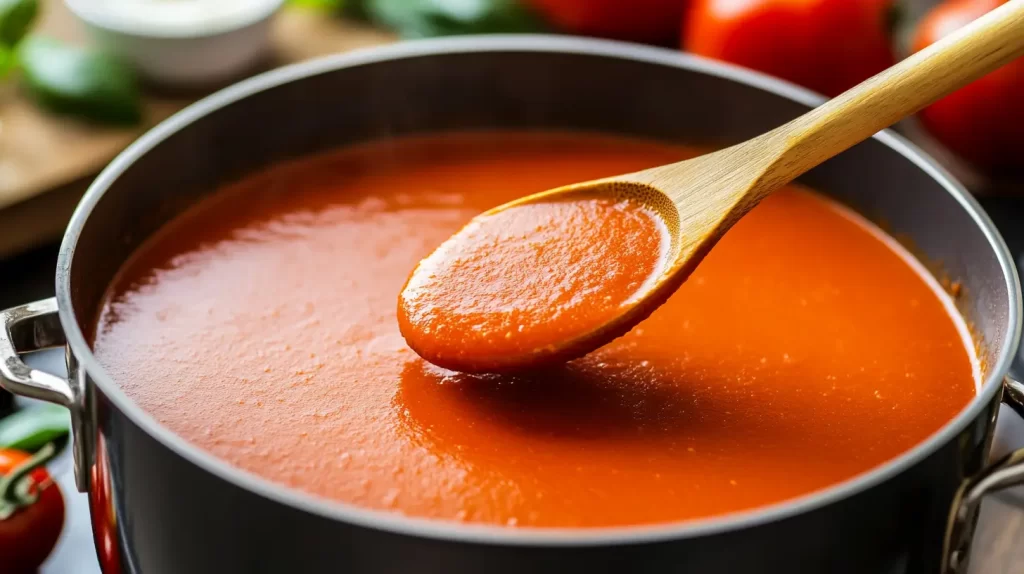 red-orange pot of soup with a wooden spoon