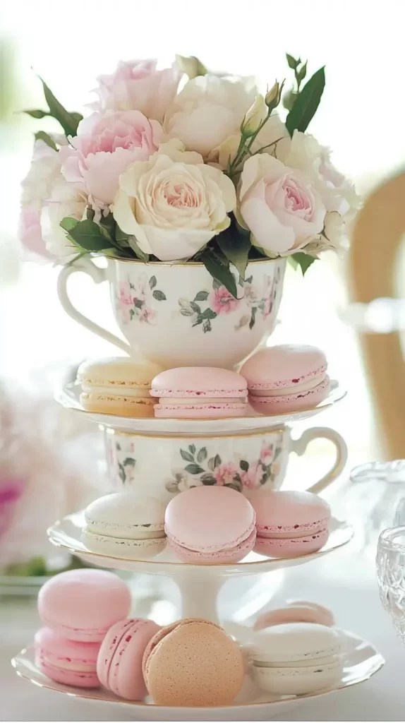 tea cups with macaroons and flowers stacked