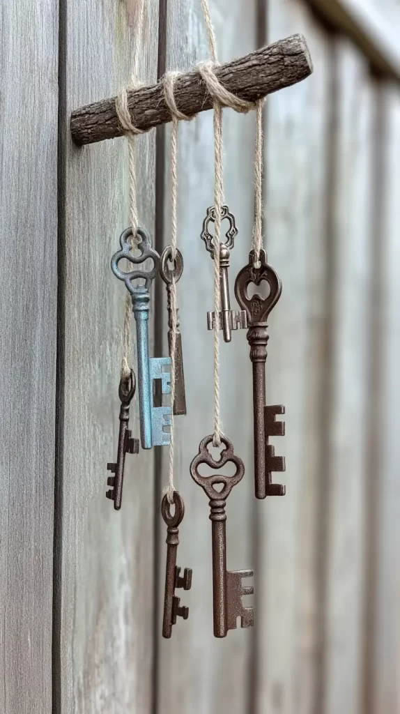 old vintage keys hanging from twine