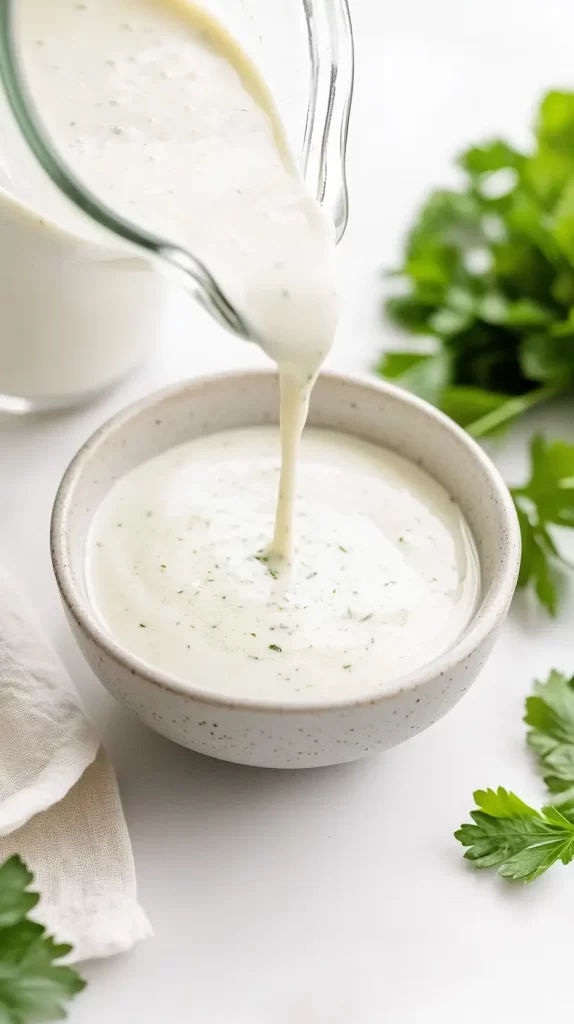 pouring ranch from a glass pitcher