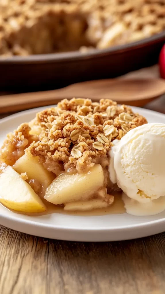 apple crisp recipe on a plate with ice cream scoop