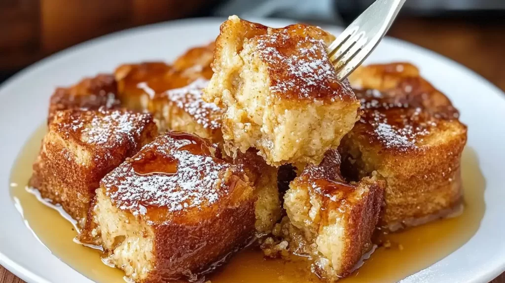 bite of french toast on a fork covered in syrup