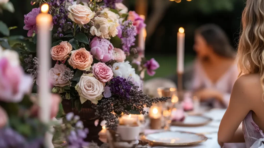 centerpiece of flowers and candles