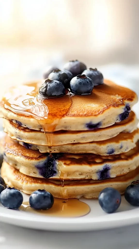 stack of blueberry pancakes with syrup