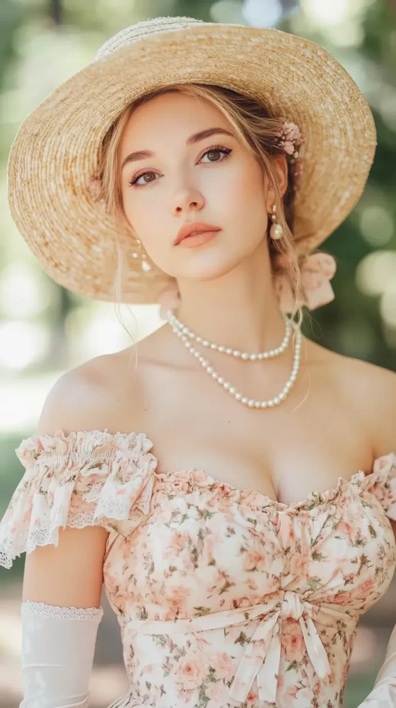 woman in a floral dress and straw hat