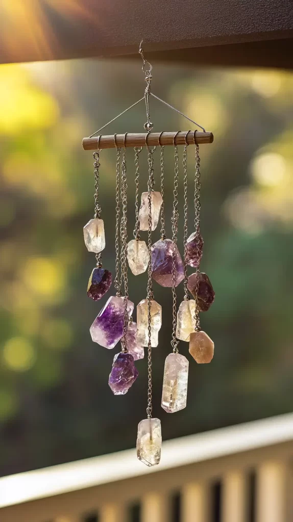 gemstones on wires hanging from a stick