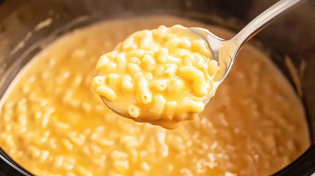 crockpot mac and cheese recipe, serving on a metal spoon