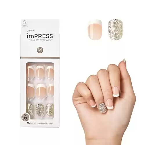 KISS imPRESS Press-On Manicure, Nail Kit, PureFit Technology, Short Press-On Nails, 'Time Slip', Includes Prep Pad, Mini Nail File, Cuticle Stick, and 30 Fake Nails