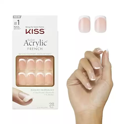 KISS Salon Acrylic Press On Nails, Nail glue included, 'Bonjour', Nude/White, Short Size, Squoval Shape, Includes 28 Nails, 2g Glue, 1 Manicure Stick, 1 Mini File