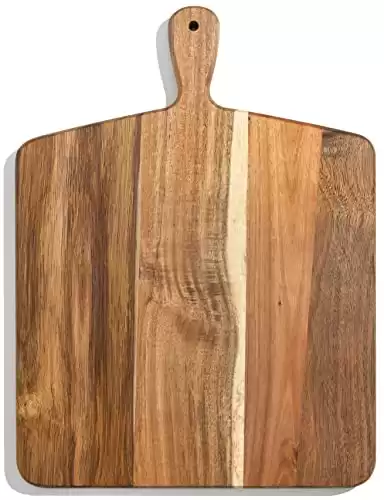 Acacia Wood Cutting Board and Chopping Board with Handle for Meat, Cheese Board, Vegetables, Bread, and Charcuterie Decorative Wooden Serving Board for Kitchen and Dining Room, Large 17 x 13