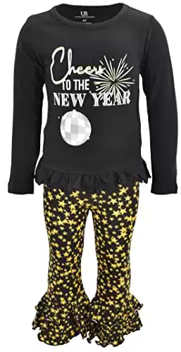 Unique Baby 2 Piece Girls Double Ruffle Leggings and Long Sleeve Shirt Clothes Set Kid and Toddler Girl New Years Outfit (7 Years, Cheers)