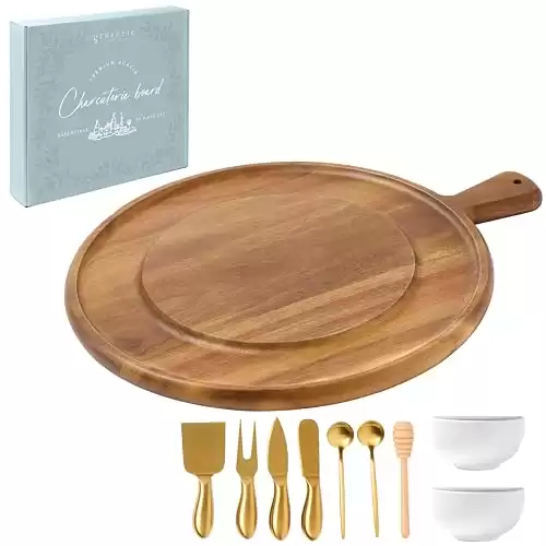 Charcuterie Board Gift Set - Acacia Round Serving Board with Handle and Complete Knife Set with Bowls for Entertaining - 10 Piece Set