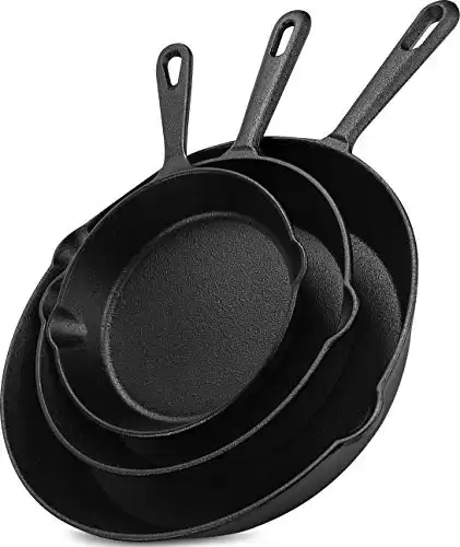 Saute Fry Pan - Pre-Seasoned Cast Iron Skillets Set 3-Piece Frying Pan comprised of 6", 8", and 10" Cast Iron Pan - Easy Use in the Oven, Stove, Grill, or Campfire - Blac...