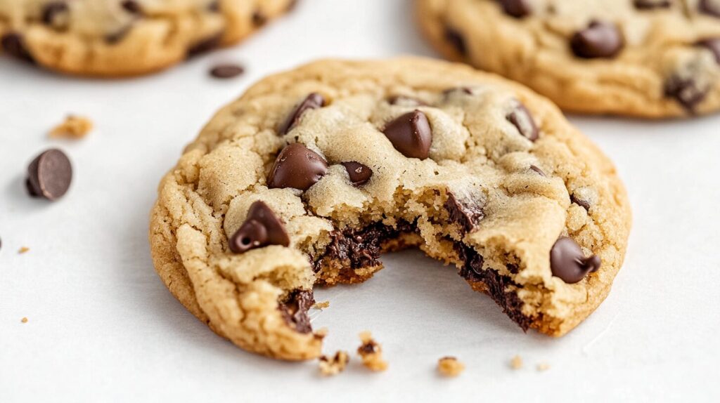 bite out of a chocolate chip cookie