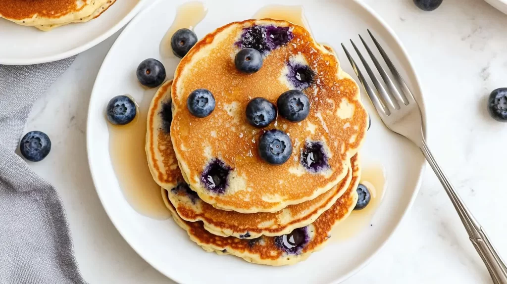 overhead of blueberry pancakes