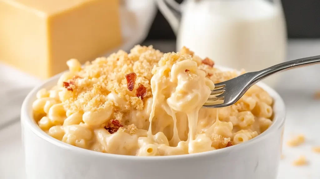 crockpot mac and cheese recipe with bacon bits and breadcrumbs