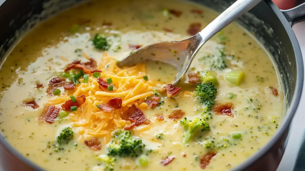 broccoli potato cheese soup pot with bacon