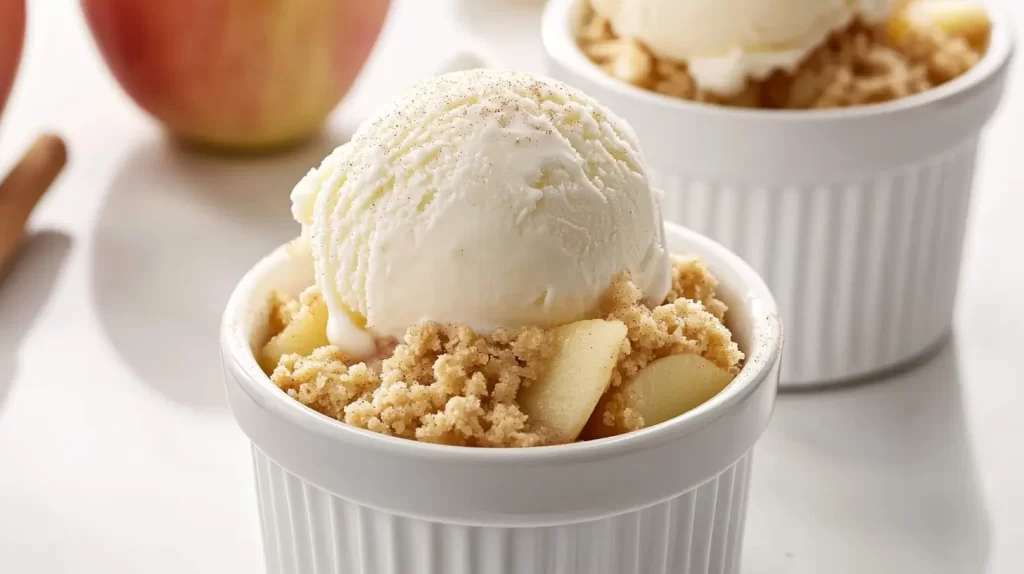 apple crisp with ice cream on top