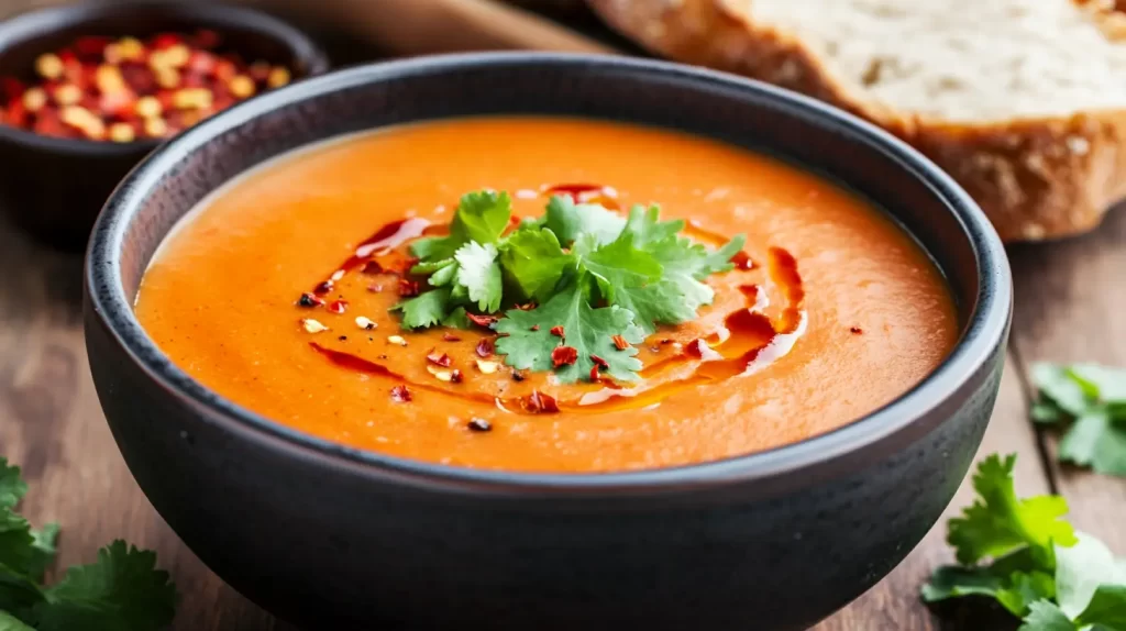 red pepper on top of a bowl of tomato bisque soup