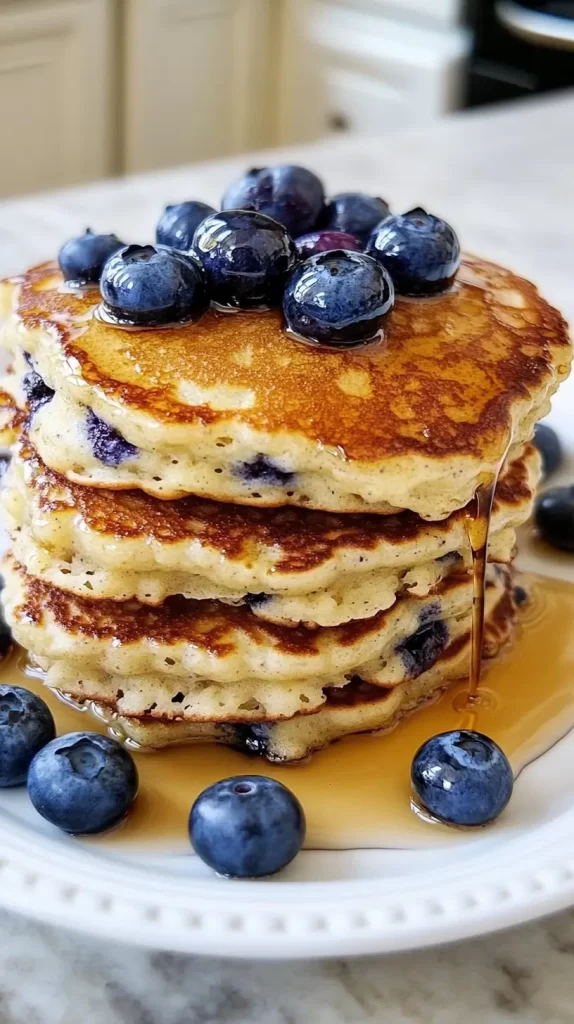 stack of fluffy blueberry pancakes