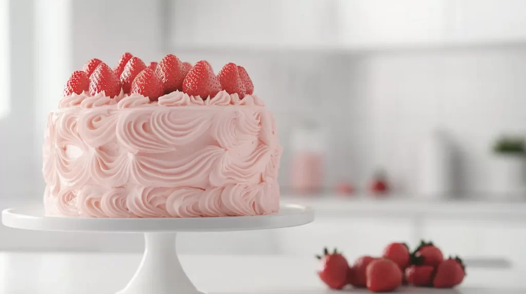 strawberry cake on a cake stand