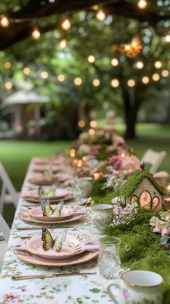 fairy garden with outdoor table setup