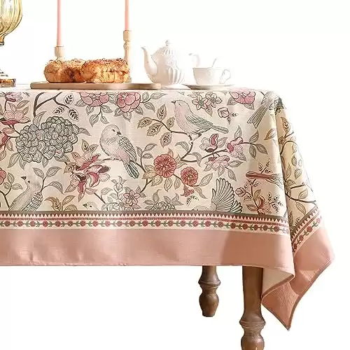 Designer Pink Floral Linen Tablecloth 55"