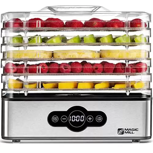 Magic Mill Food Dehydrator Machine | 5 Stackable Stainless Steel Trays Jerky Dryer with Digital Adjustable Timer & Temperature Control - Electric Food Preserver for Fruits, Veggies, Meats & Do...