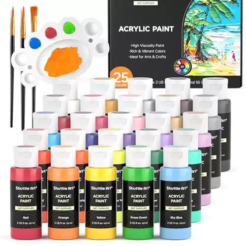 Shuttle Art 25 Colors Acrylic Paint Set, 2oz/60ml Bottles, Rich Pigmented Acrylic Paints for Artists, Beginners, Kids, Painting on Canvas Rocks Wood