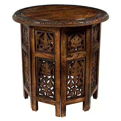 Solid Wood Accent End Table - Hand Carved Vintage Boho Folding Side Table - 18x18 Round - Jaipur Antique Brown