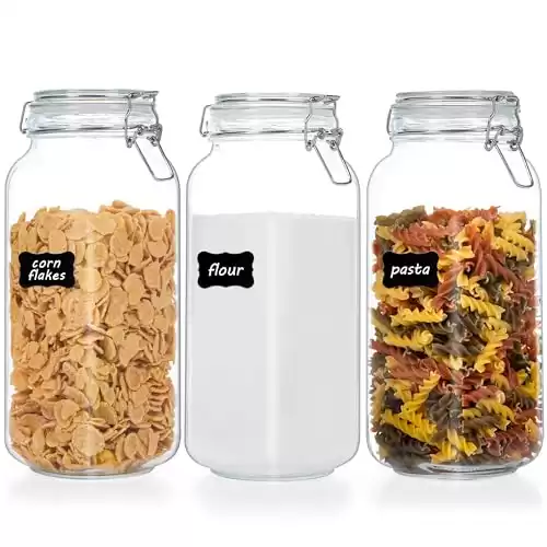 78oz Glass Food Storage Jars with Airtight Clamp Lids, 3 Pack Large Kitchen Canisters for Flour, Cereal, Coffee, Pasta and Canning, Square Mason Jar with 8 Chalkboard Labels