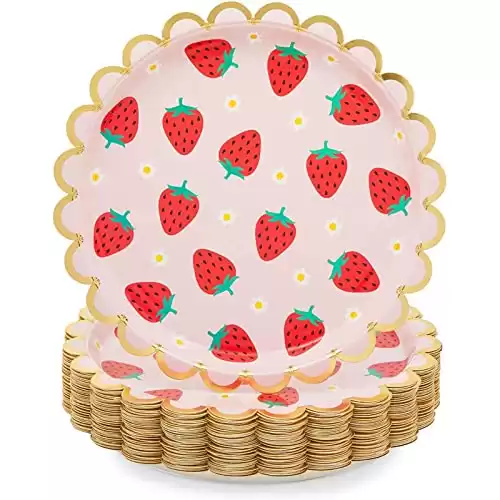 48-Pack Pink Paper Plates with Gold Foil for Strawberry Birthday Party (9 Inches)