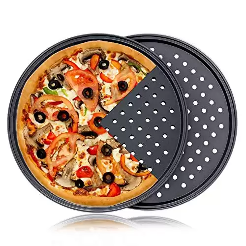 Destinymd Pizza Pan With Holes, 2 Pack Carbon Steel Perforated Non-Stick Tray Tool Crispy 12inch Round for Home Kitchen, Dark Gray