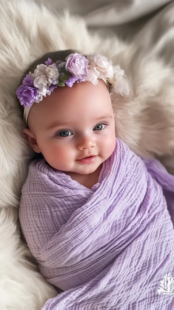 baby girl wrapped in lavender color