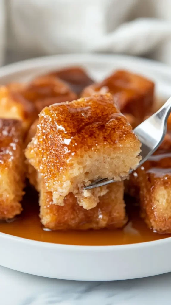 bite of french toast with syrup