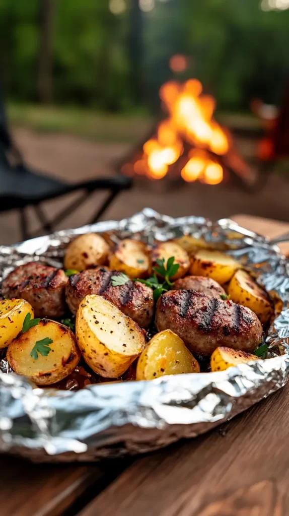 meat and potatos in foil