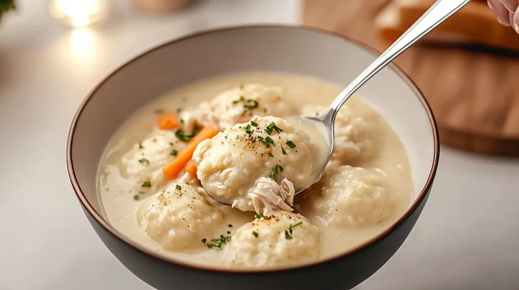 dumpling on a spoon over a bowl of chicken and dumplings