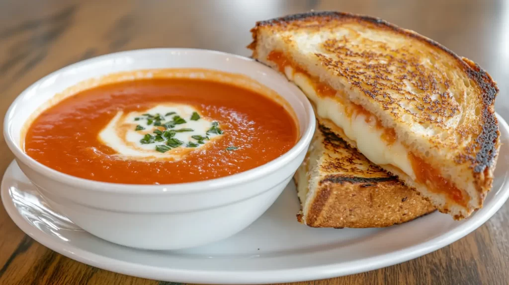 grilled cheese on a plate next to a white bowl of tomato bisque soup