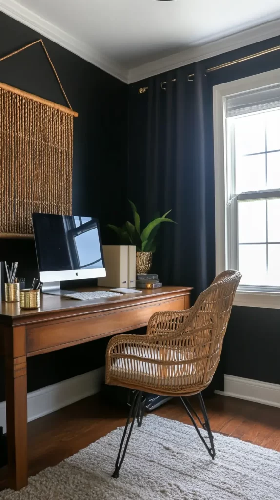 dark walls, wood desk, bamboo chair or wicker