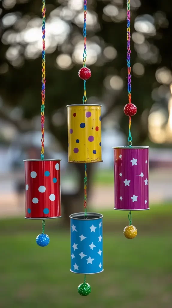 kid friendly painted cans hanging from strings with beads on them