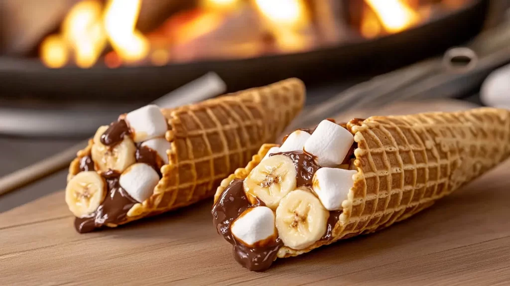 cones with marshmallows and bananas and chocolate