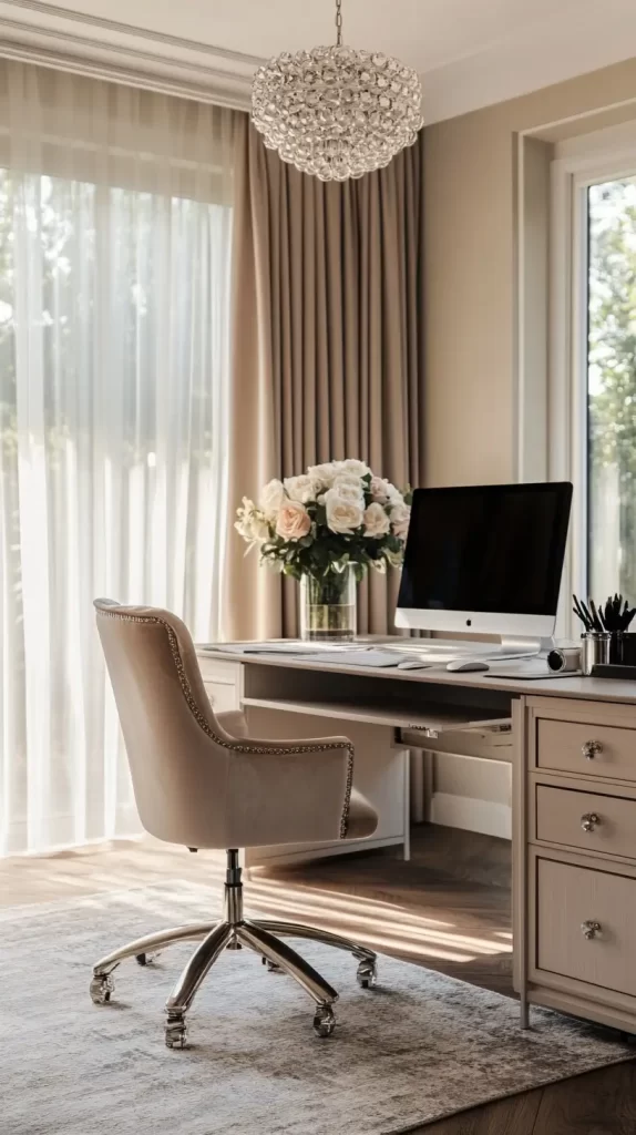 Feminine home office design with a lighting fixture above work space