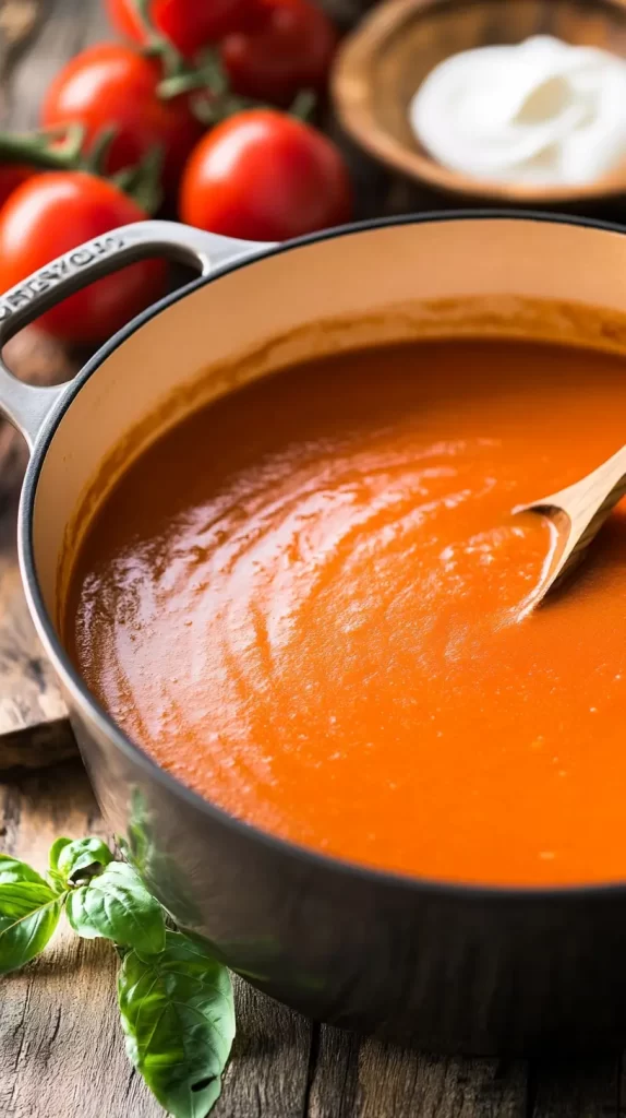 fresh tomatoes and a pot of red-orange tomato bisque soup