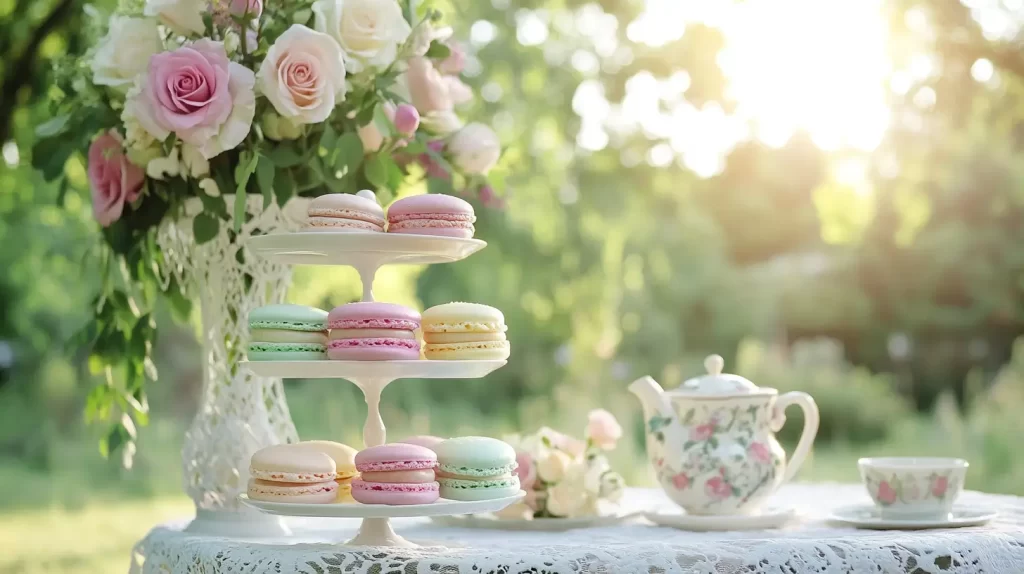 macaroons on a tiered tray at a garden tea party