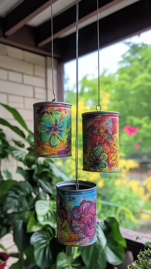 painted cans hanging from three strings outside